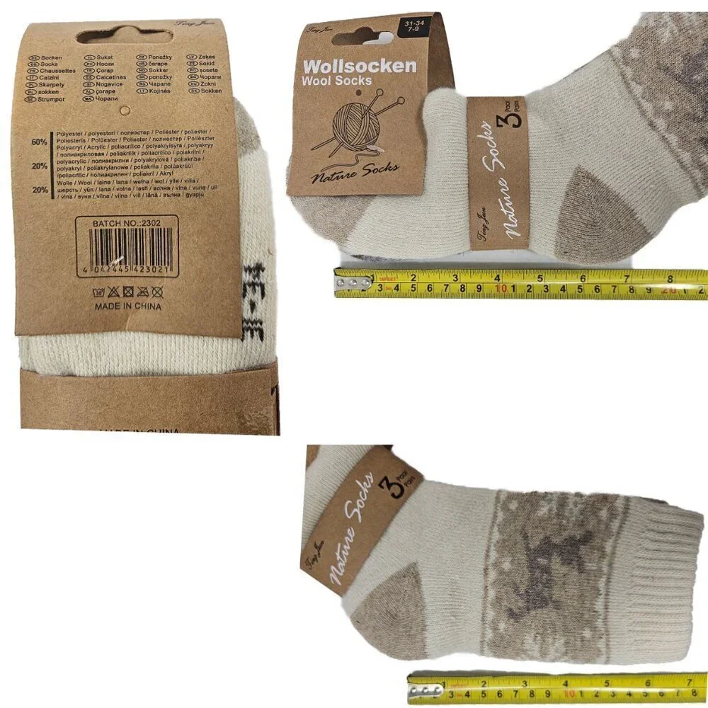 Kids Wool Socks 6-Pack, Ages 7-9, Warm Nature Design, Deer & Snowflake Print NEW